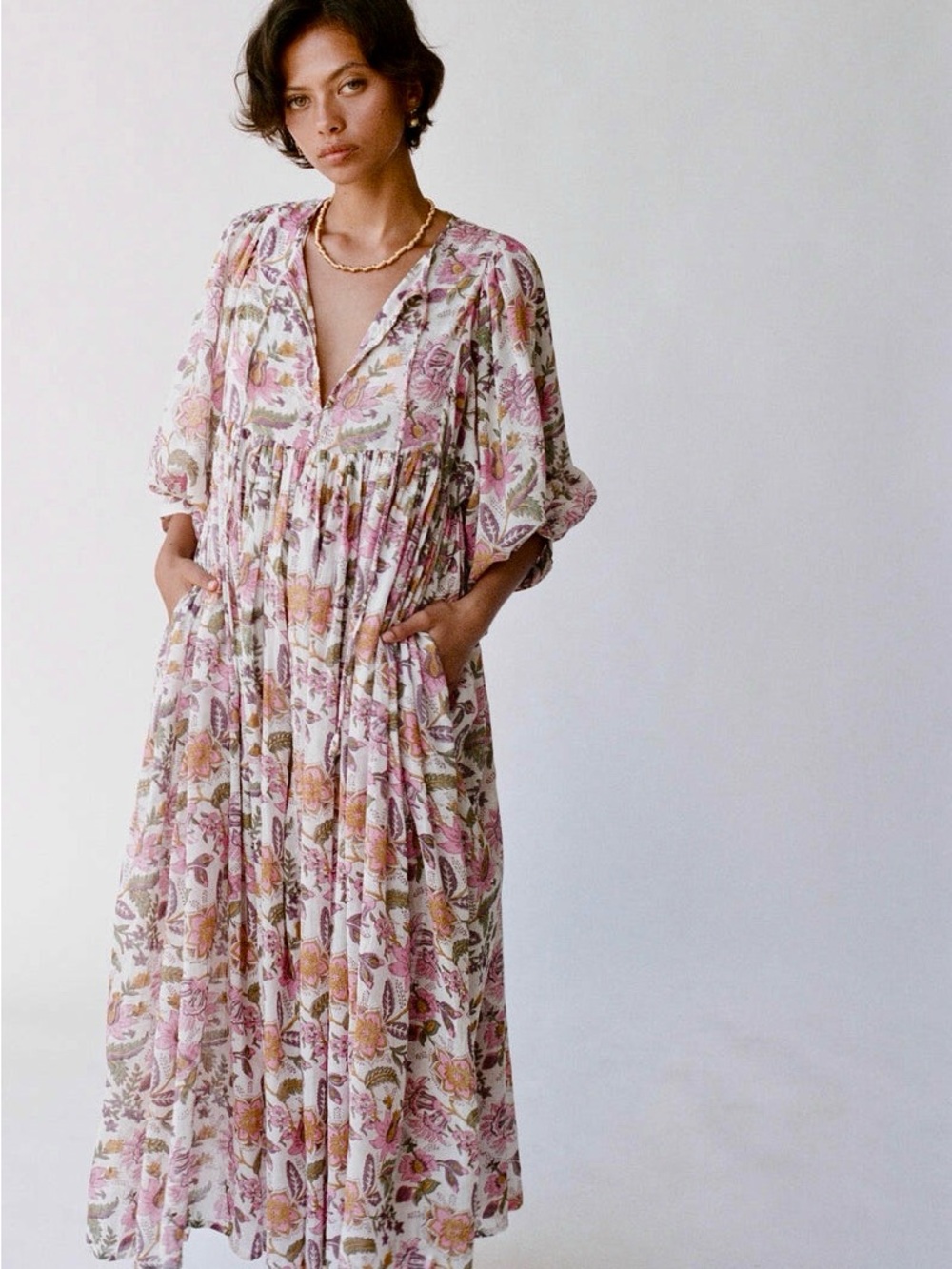Daughters of India Kyra Maxi Dress Fuchsia Bloom Pink Floral M EUC - Picture 3 of 11